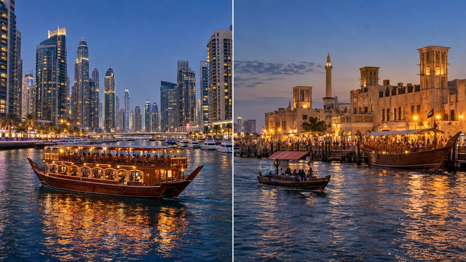 Dubai Marina skyline and Dubai Creek dhow cruise compared at night