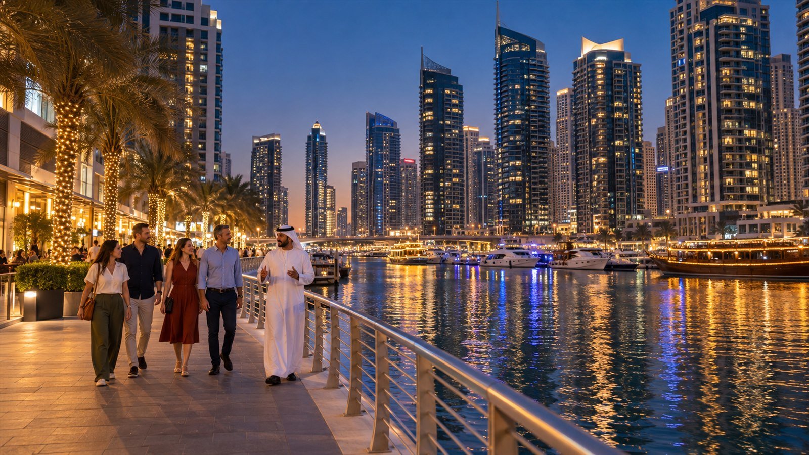 Illuminated Dubai skyline during an evening city tour